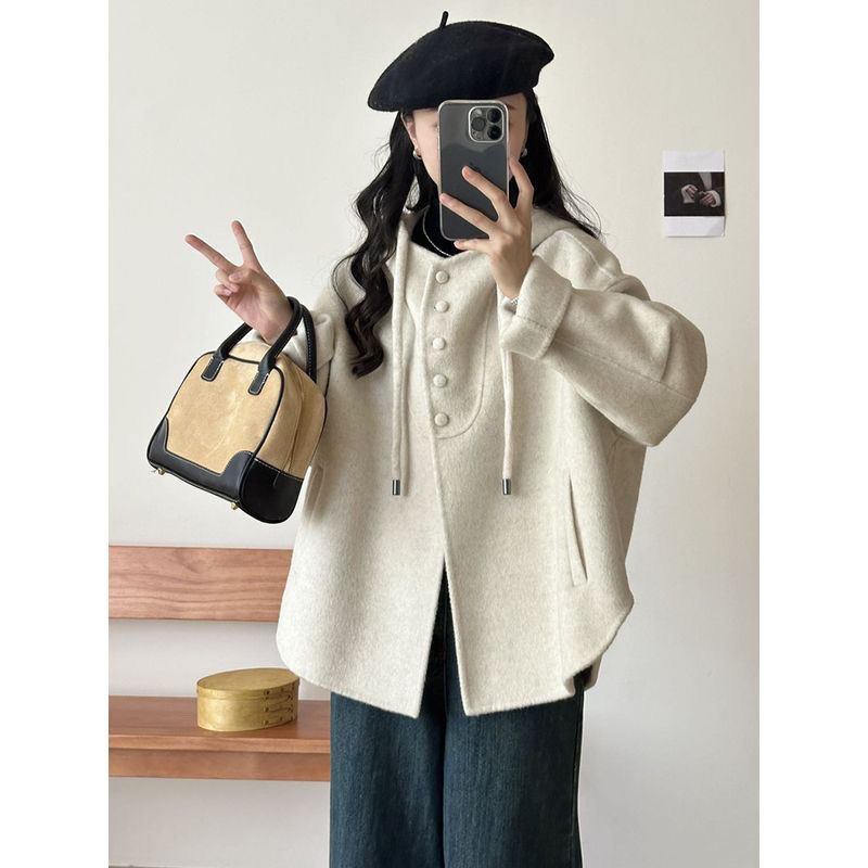 Hooded short cocoon paltas iš chenille su elastanu, japoniško/korėjiško laisvalaikio stilius, ilgis 40–50 cm, 3/4 rankovės