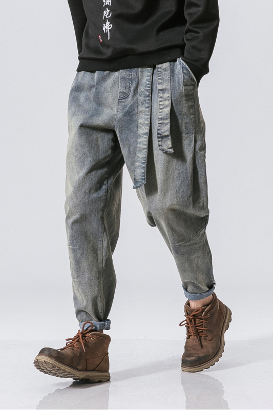 Мъжки дънки с свободна кройка от деним, средно-висока талия, винтидж измиване, плътен памучен деним, подходящи за четири сезона