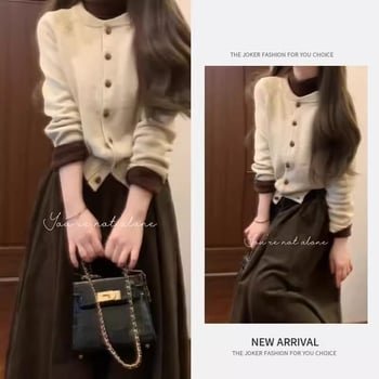 Трикомпонентен костюм с пола и пуловер, едноцветен полиестер, къса пола, дълги ръкави, пролет 2025