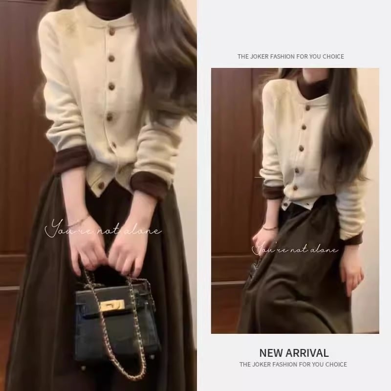 Трикомпонентен костюм с пола и пуловер, едноцветен полиестер, къса пола, дълги ръкави, пролет 2025