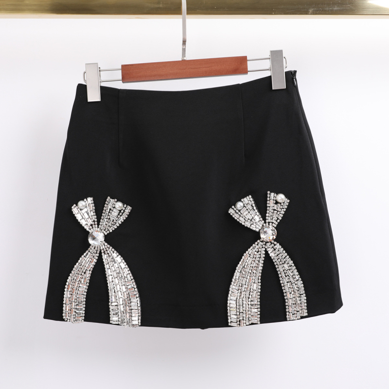 Елегантен комплект топ с дълги ръкави и къса пола, диамантено инкрустиране, Ice Silk плат