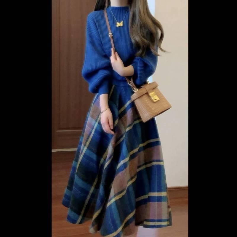 Двоен комплект костюм с пола и пуловер, дълги ръкави, полиестерова материя, есенно-зимно, градски стил