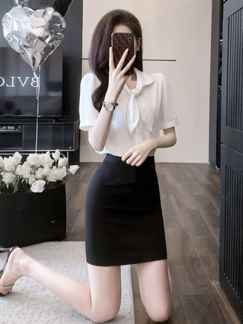 Sieviešu vasaras darba uniformas komplekts ar kleitu un krekli, Chenille audums ar Spandex, Five-quarter piedurknes, Horn piedurknes, svārku stilā