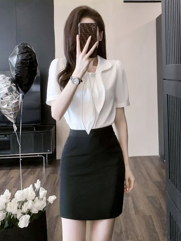 Sieviešu vasaras darba uniformas komplekts ar kleitu un krekli, Chenille audums ar Spandex, Five-quarter piedurknes, Horn piedurknes, svārku stilā