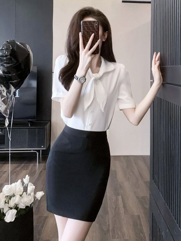 Sieviešu vasaras darba uniformas komplekts ar kleitu un krekli, Chenille audums ar Spandex, Five-quarter piedurknes, Horn piedurknes, svārku stilā