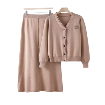 Двупартиен комплект: плетен кардиган и пола до средна дължина, дълги ръкави, полиестер 95%+, есен 2025, елегантен офис стил