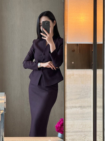 Chenille un Spandex kostīmu kleitu komplekts, garas piedurknes ar ragainu formu, midi svārki, biroja stils, pavasaris 2025