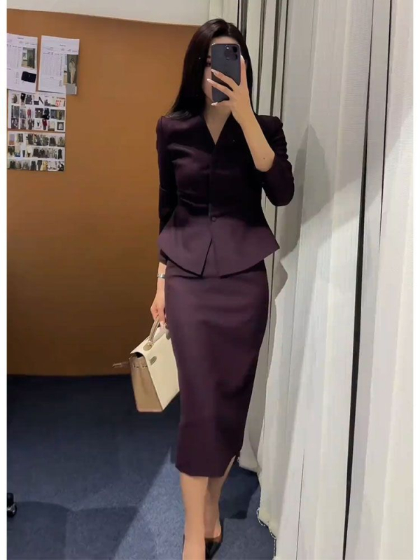 Chenille un Spandex kostīmu kleitu komplekts, garas piedurknes ar ragainu formu, midi svārki, biroja stils, pavasaris 2025