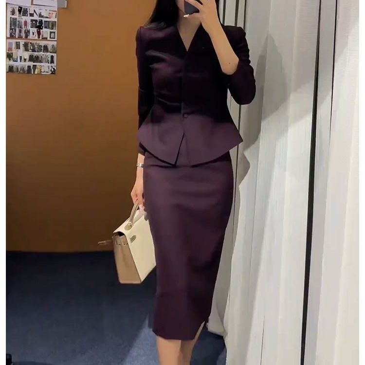 Chenille un Spandex kostīmu kleitu komplekts, garas piedurknes ar ragainu formu, midi svārki, biroja stils, pavasaris 2025