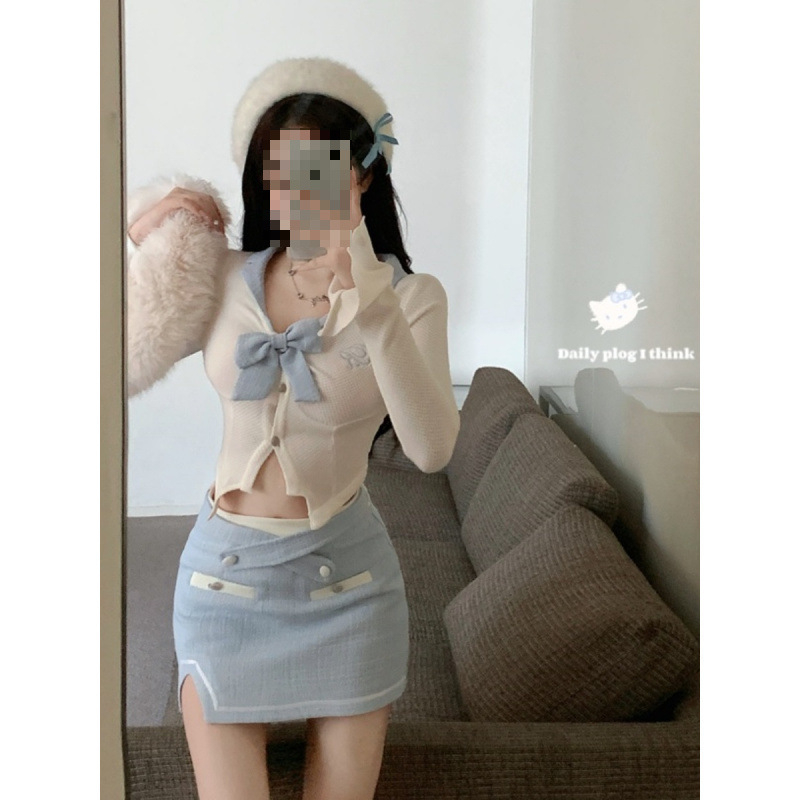 Дамски костюм от две части: облегнат топ и дълга пола, есенно издание 2024, акрилна материя (главна съставка 95% и повече), урбан стил.