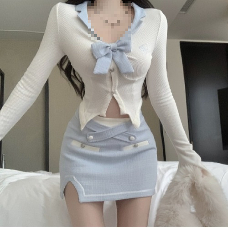 Дамски костюм от две части: облегнат топ и дълга пола, есенно издание 2024, акрилна материя (главна съставка 95% и повече), урбан стил.