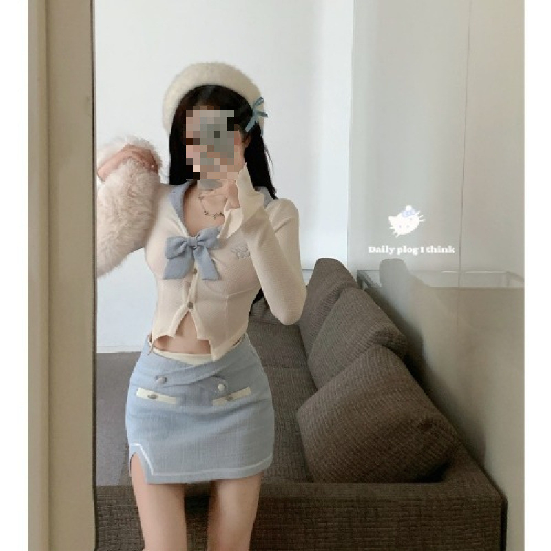 Дамски костюм от две части: облегнат топ и дълга пола, есенно издание 2024, акрилна материя (главна съставка 95% и повече), урбан стил.