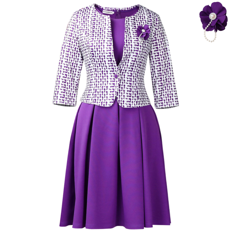 Костюм с пола, клетъчен модел, топ кардиган, средна дължина на полата, 3/4 ръкави, полиестер-еластанова смес (Модел: клетъчен; Стил на върха: кардиган; Дължина: средна пола; Ръкав: 3/4; Основна материя: полиестер-еластан)