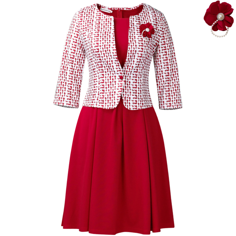 Костюм с пола, клетъчен модел, топ кардиган, средна дължина на полата, 3/4 ръкави, полиестер-еластанова смес (Модел: клетъчен; Стил на върха: кардиган; Дължина: средна пола; Ръкав: 3/4; Основна материя: полиестер-еластан)