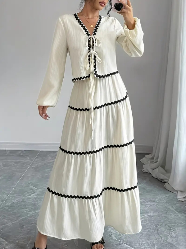 Дамски костюм с пола и блуза, дантела, многопластова плисирана ръкав тип лантерна и панделка, полиестерна тъкан