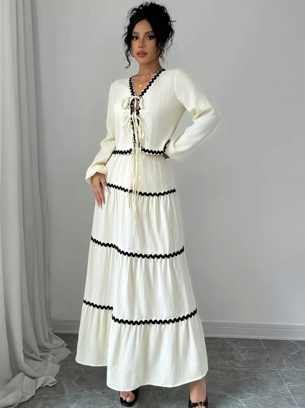 Дамски костюм с пола и блуза, дантела, многопластова плисирана ръкав тип лантерна и панделка, полиестерна тъкан