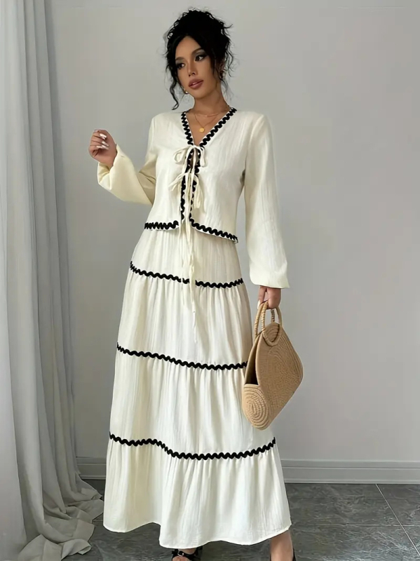 Дамски костюм с пола и блуза, дантела, многопластова плисирана ръкав тип лантерна и панделка, полиестерна тъкан