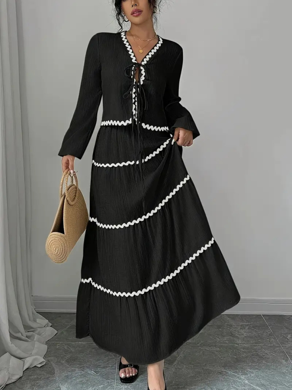 Дамски костюм с пола и блуза, дантела, многопластова плисирана ръкав тип лантерна и панделка, полиестерна тъкан