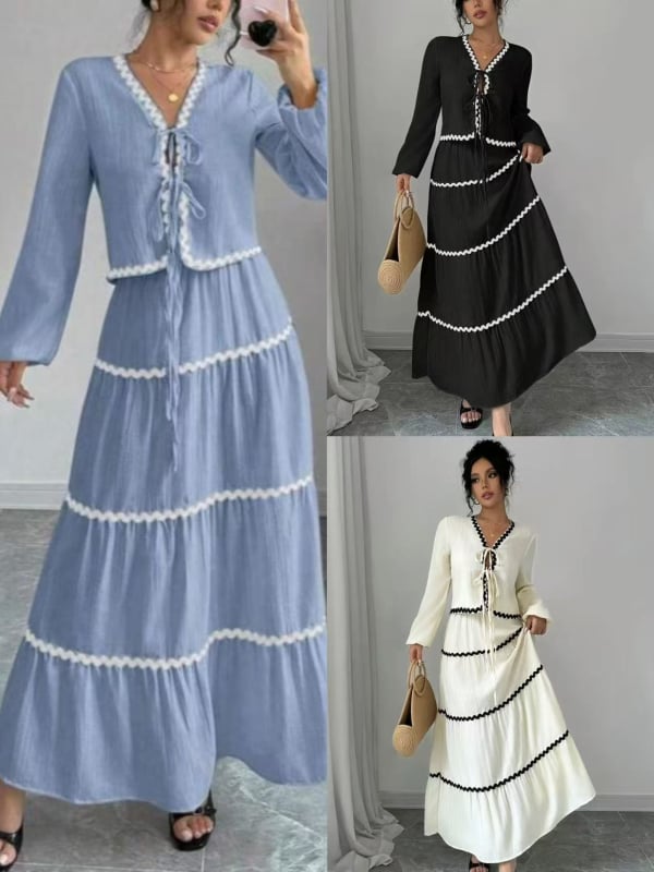 Дамски костюм с пола и блуза, дантела, многопластова плисирана ръкав тип лантерна и панделка, полиестерна тъкан