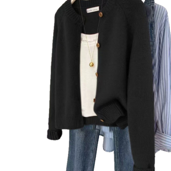 Вълнен кардиган, реглан ръкави, кръгла яка, свободен силует, средна дебелина