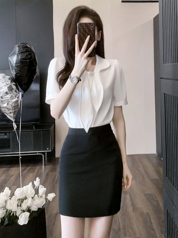 Sieviešu vasaras profesionālais darba apģērbu komplekts – svārki un krekls, chenille audums ar elastānu, biroja stils