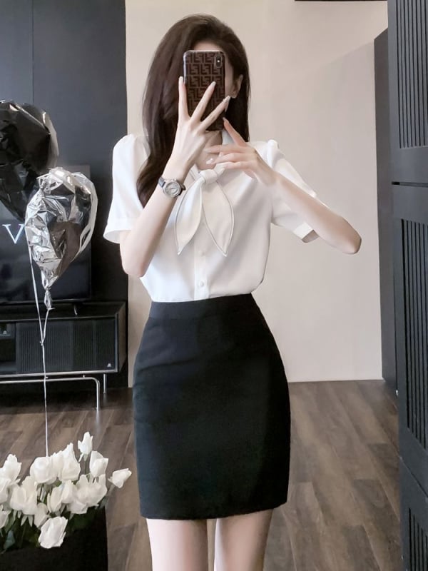 Sieviešu vasaras profesionālais darba apģērbu komplekts – svārki un krekls, chenille audums ar elastānu, biroja stils