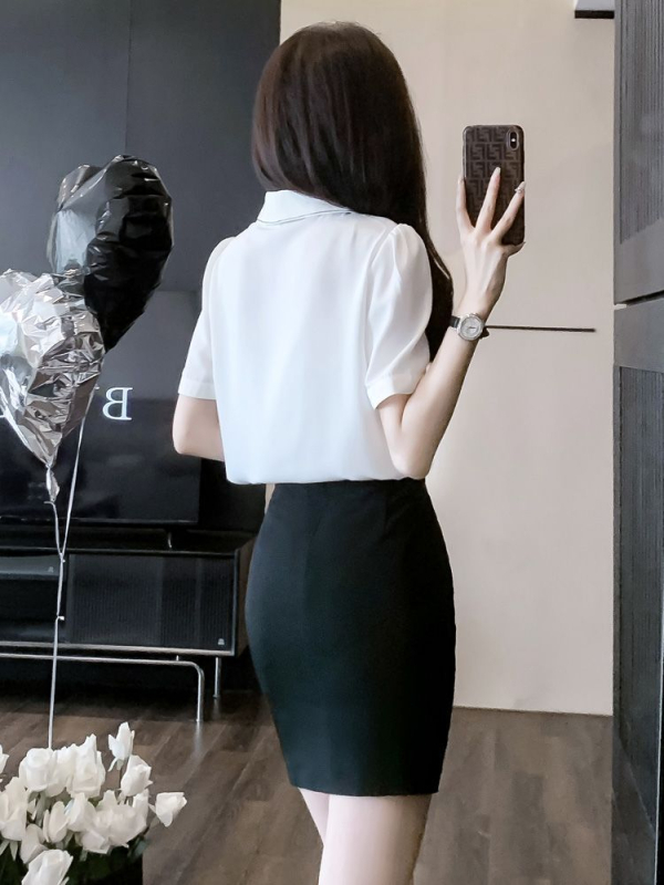 Sieviešu vasaras profesionālais darba apģērbu komplekts – svārki un krekls, chenille audums ar elastānu, biroja stils