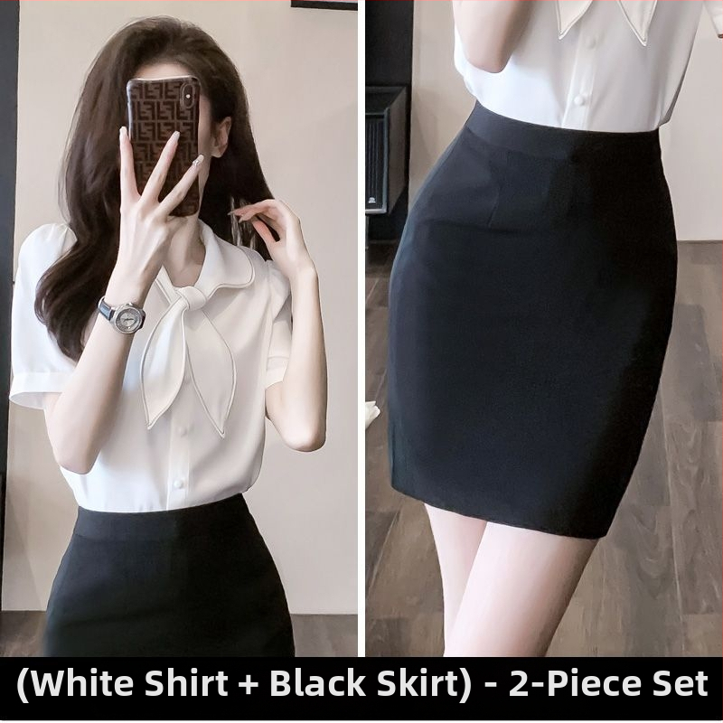 Sieviešu vasaras profesionālais darba apģērbu komplekts – svārki un krekls, chenille audums ar elastānu, biroja stils