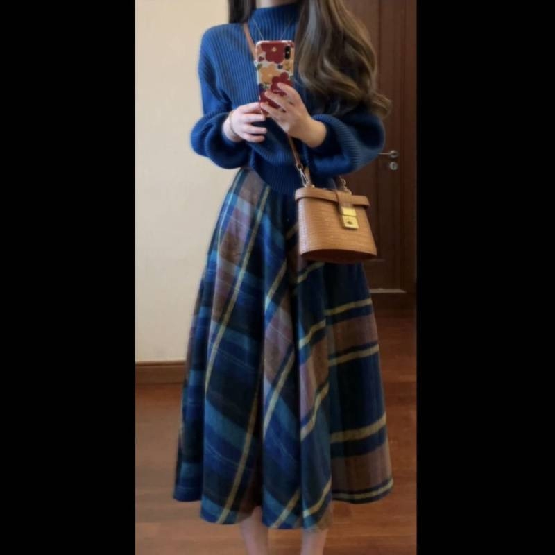 Dvojdielny kostým v štýle Hepburn, pletený sveter a dlhá sukňa, vintage, jeseň-zima (polyester 95%+)