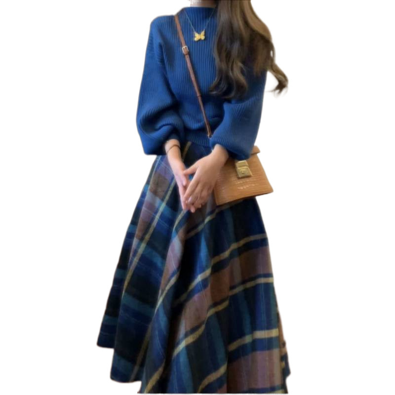 Dvojdielny kostým v štýle Hepburn, pletený sveter a dlhá sukňa, vintage, jeseň-zima (polyester 95%+)