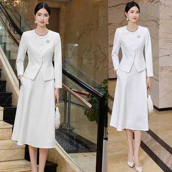 Sieviešu profesionālais biroja kostīmu komplekts: poliesters, midi svārki, garas piedurknes, OL stils, rudens 2025