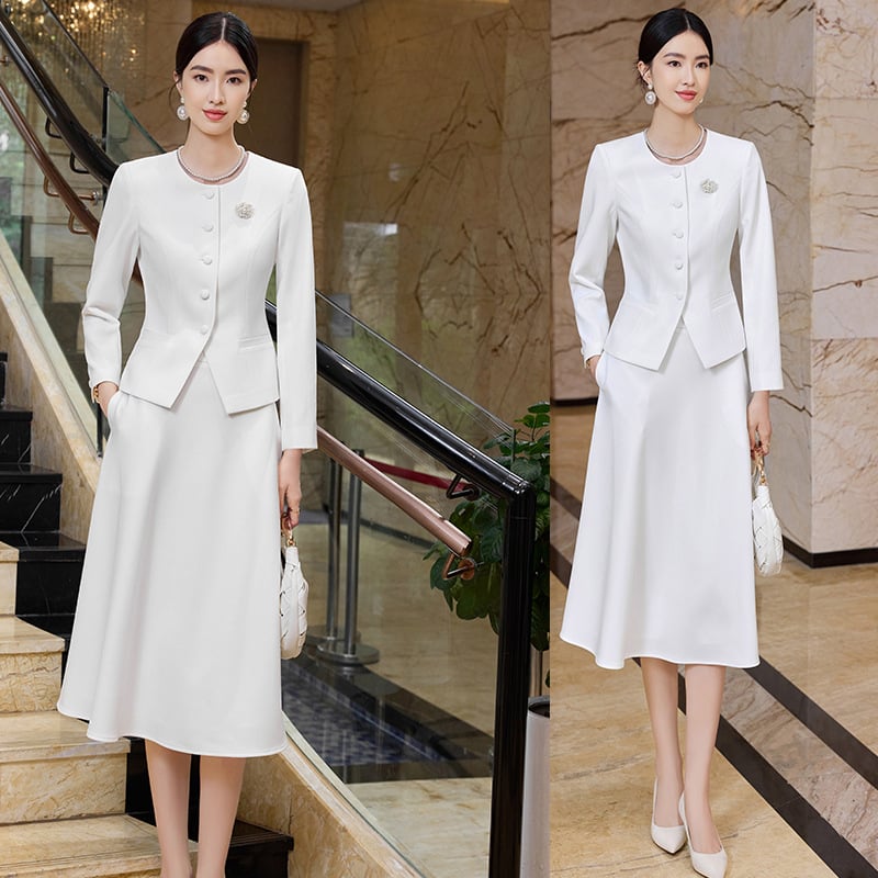 Sieviešu profesionālais biroja kostīmu komplekts: poliesters, midi svārki, garas piedurknes, OL stils, rudens 2025