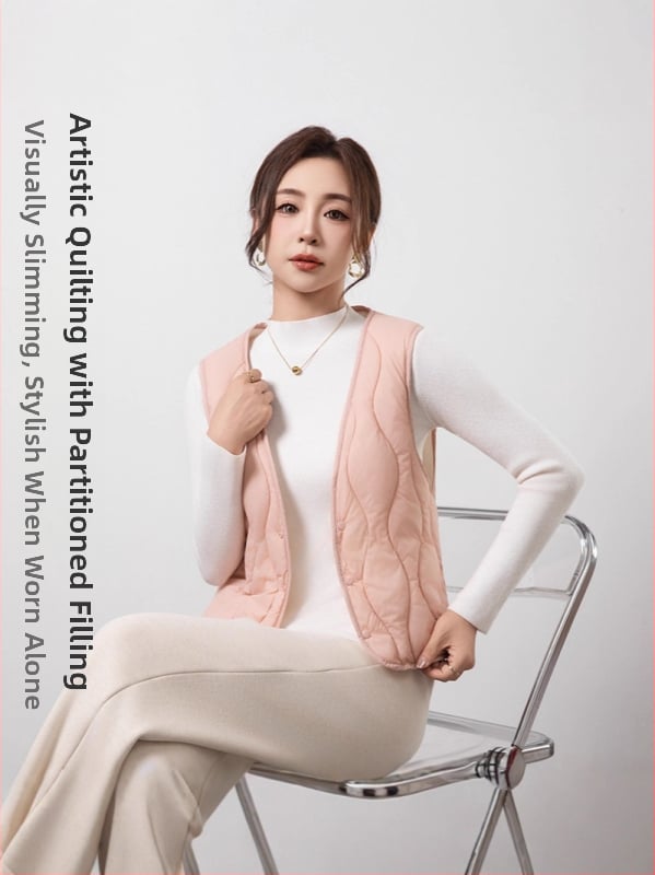 Ženski prsluk s velurovom podstavom, kratka duljina, V izrez, punjenje od down cotton, jednostruko kopčanje — jesen 2025