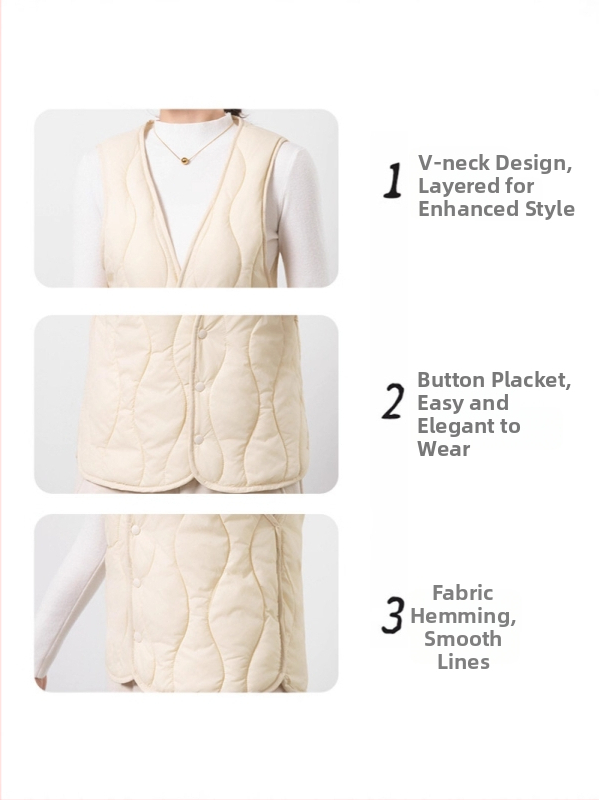 Ženski prsluk s velurovom podstavom, kratka duljina, V izrez, punjenje od down cotton, jednostruko kopčanje — jesen 2025