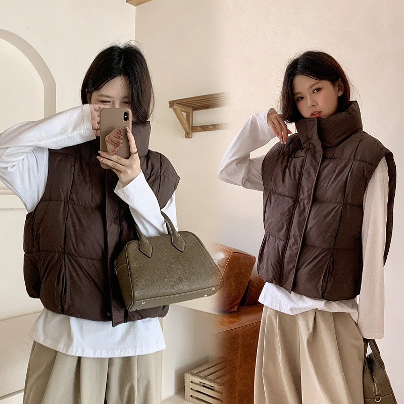 Ženski pamuk vest u korejskom stilu, kratka duljina, dvostruki ovratnik, zip, ekološki materijal