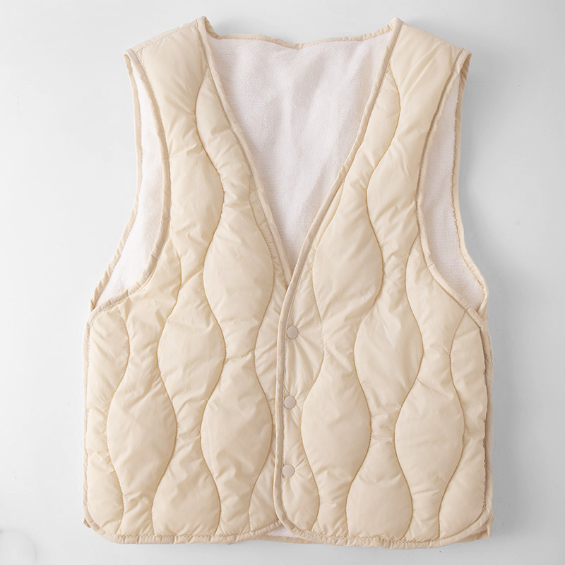 Ženski najlonski prsluk s punom od perja i pamuka, fleece podstava, V izrez, kratak kroj, tri gumba