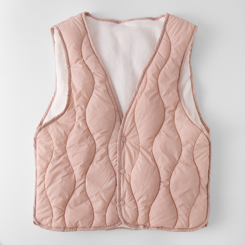 Ženski najlonski prsluk s punom od perja i pamuka, fleece podstava, V izrez, kratak kroj, tri gumba