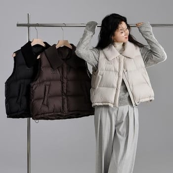 Ženska bez rukava vest s Down-Cotton punjenjem, polo ovratnik, slobodan kroj, debeli fleece podstava, poliester tkanina