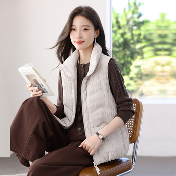 Ženski prsluk s perjem za jesen-zimu 2025, casual stil, 76–80% bijelog gusjeg perja, glavni materijal poliester ≥95%, stojeći ovratnik, zatvarač, duljina 50–65 cm