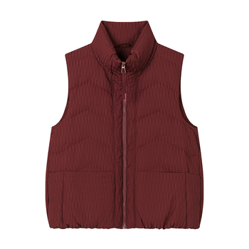 Ženski prsluk s perjem za jesen-zimu 2025, casual stil, 76–80% bijelog gusjeg perja, glavni materijal poliester ≥95%, stojeći ovratnik, zatvarač, duljina 50–65 cm