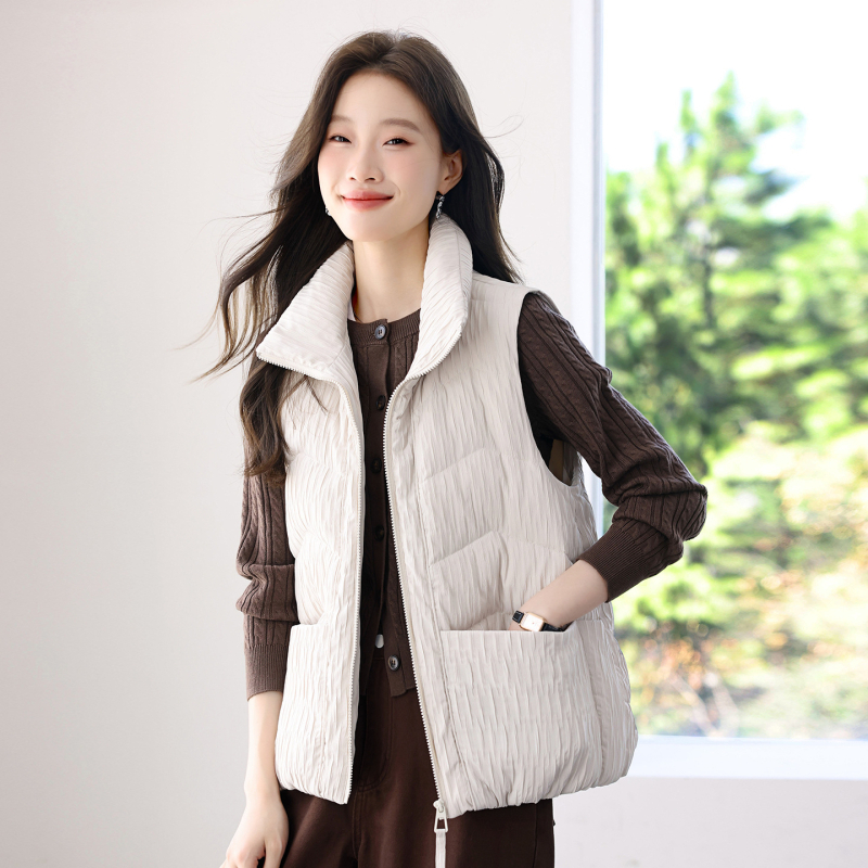 Ženski prsluk s perjem za jesen-zimu 2025, casual stil, 76–80% bijelog gusjeg perja, glavni materijal poliester ≥95%, stojeći ovratnik, zatvarač, duljina 50–65 cm