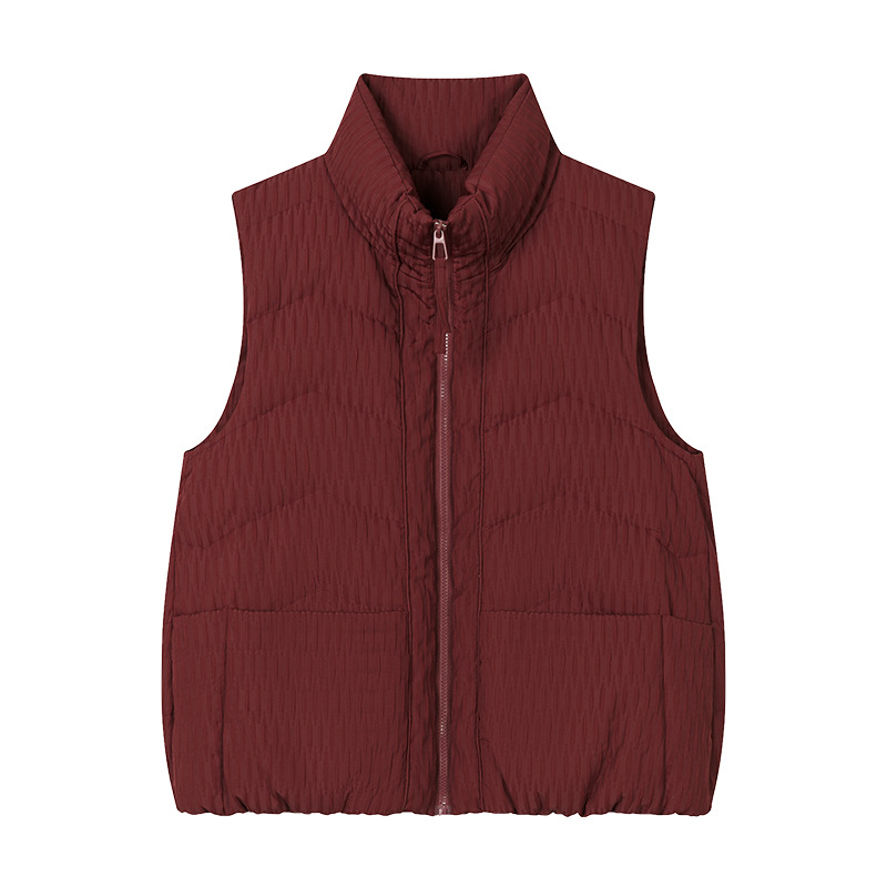 Ženski prsluk s perjem za jesen-zimu 2025, casual stil, 76–80% bijelog gusjeg perja, glavni materijal poliester ≥95%, stojeći ovratnik, zatvarač, duljina 50–65 cm