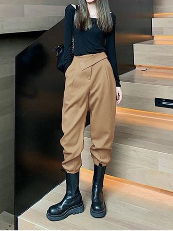 Ženske fleecirane hlače u stilu cargo-harem, visoki struk, smjesa poliestera, srednja debljina