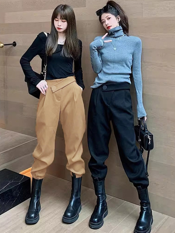 Ženske fleecirane hlače u stilu cargo-harem, visoki struk, smjesa poliestera, srednja debljina