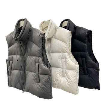 Ženski puffer prsluk: najlon materijal, sadržaj perja 86–90%, zatvarač, stojeći ovratnik