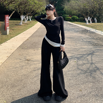 Ženske hlače s ravnim krojem i širokim nogama, visokim strukom, brušena tkanina, pamuk-poliester mješavina