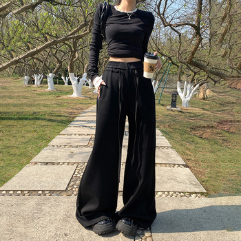 Ženske hlače s ravnim krojem i širokim nogama, visokim strukom, brušena tkanina, pamuk-poliester mješavina