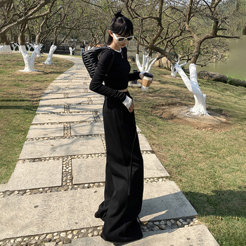 Ženske hlače s ravnim krojem i širokim nogama, visokim strukom, brušena tkanina, pamuk-poliester mješavina