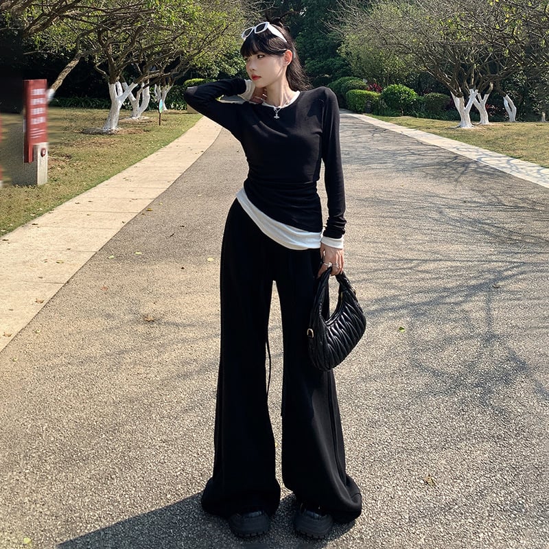 Ženske hlače s ravnim krojem i širokim nogama, visokim strukom, brušena tkanina, pamuk-poliester mješavina