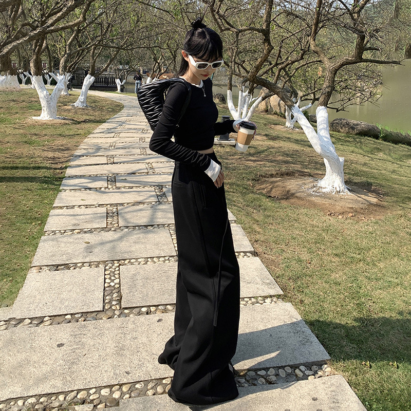 Ženske hlače s ravnim krojem i širokim nogama, visokim strukom, brušena tkanina, pamuk-poliester mješavina